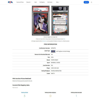 2024 Topps Finest JUNG HOO LEE Uncommon Purple Refractor Rookie RC /200 PSA 9
