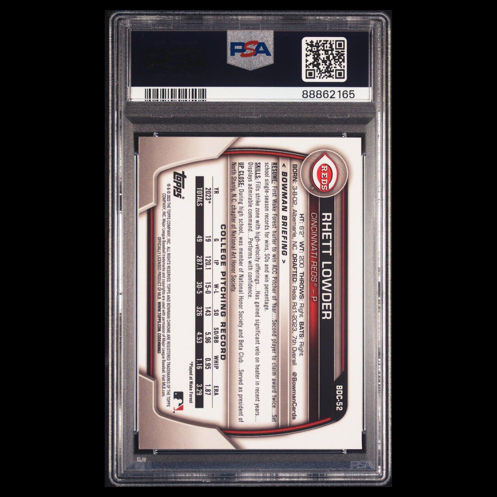 2023 Bowman Draft Sapphire RHETT LOWDER 1st True Bowman Rookie Card RC PSA 10