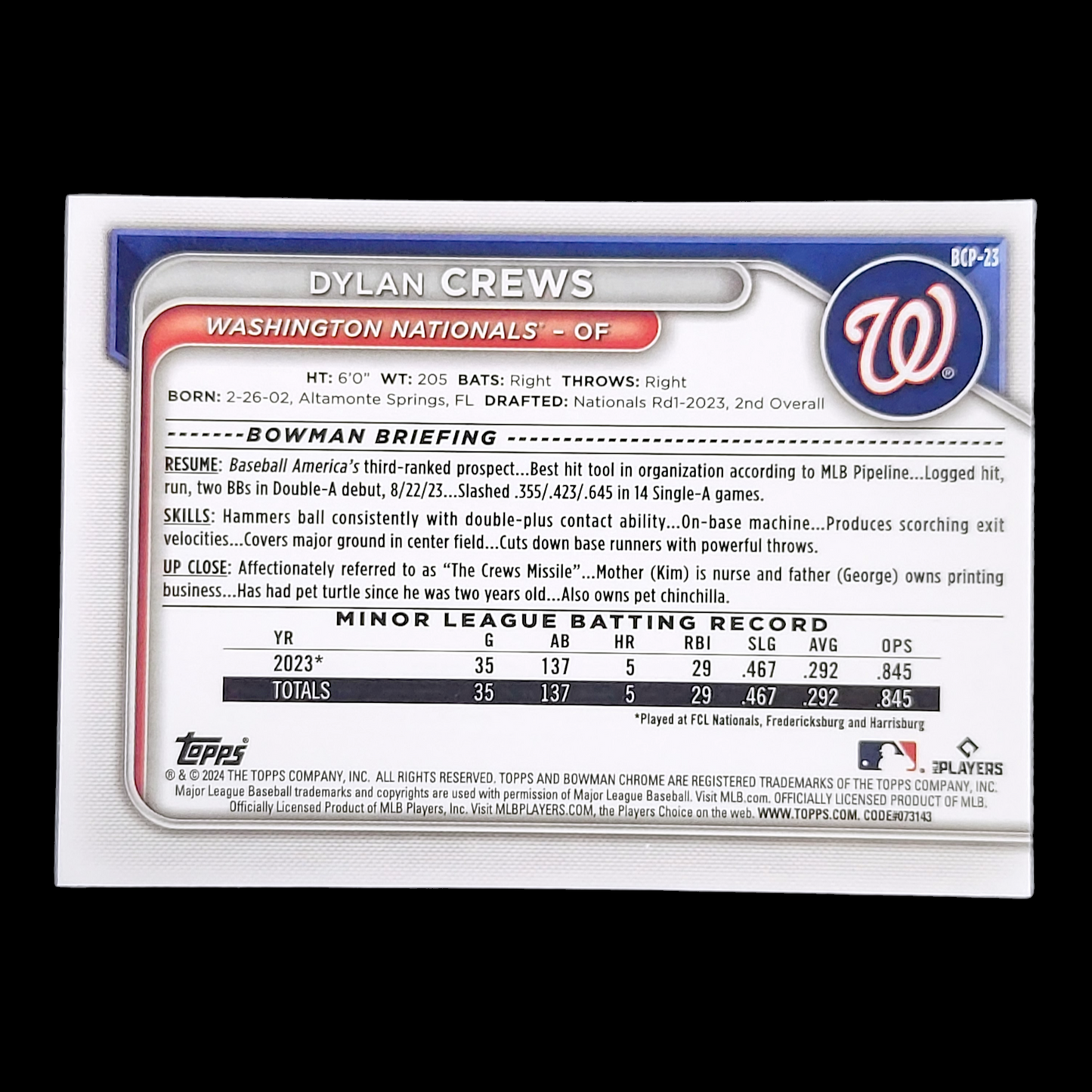 2024 Bowman Chrome DYLAN CREWS 1st True Chrome Rookie Card #BCP-23